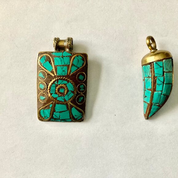 Aquarian Bohemian Art Jewelry - NWT Turquoise & Brass Mosaic Pendants